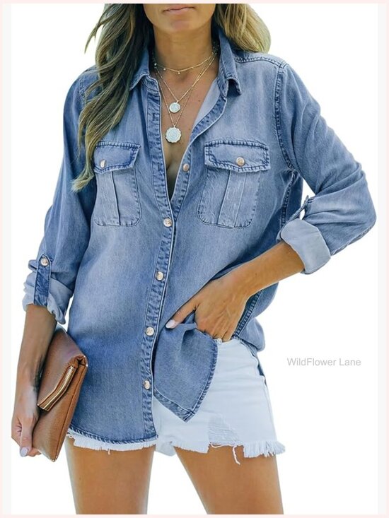 Tops - Women's Long Sleeve Button Down Denim Shirt - Classic Jean Top